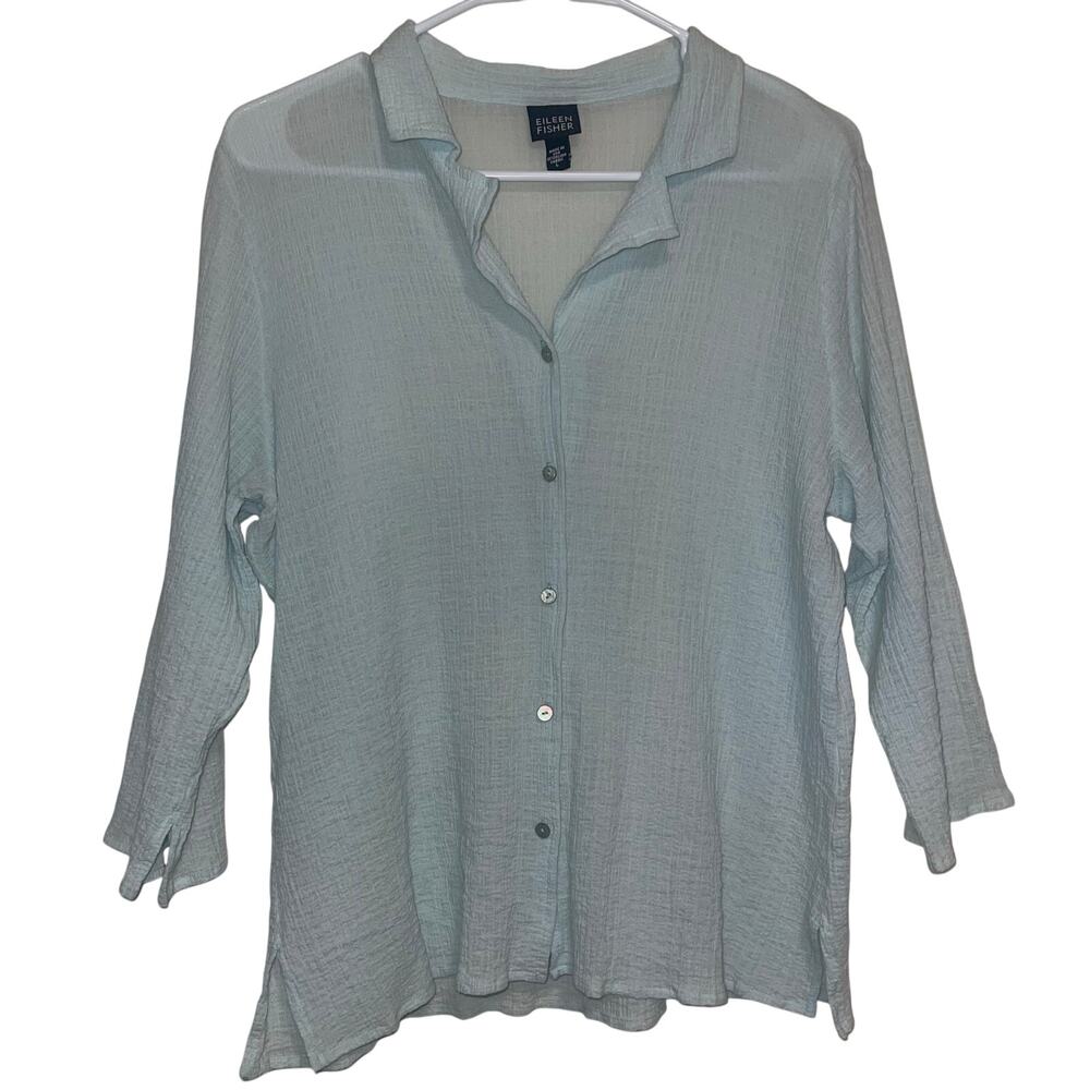 Eileen Fisher L Light Blue Top Textured Gauze Crinkle Lightweight Layer Coastal